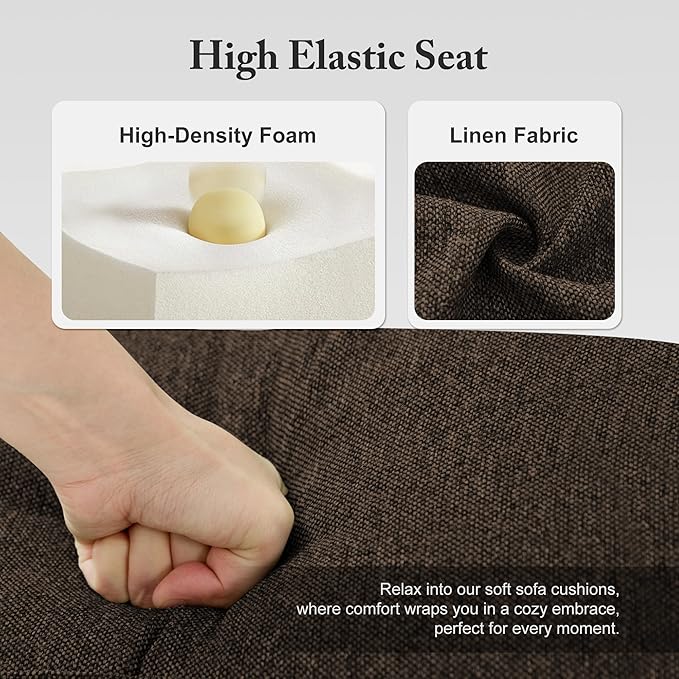3 Seater Sofa Couch with Deep Seats, 89" Mid Century Modern Upholstered Sofa with Armrests, Comfy Couches for Living Room, Bedroom and Office, Linen Fabric Apartment Couch (Linen Brown)