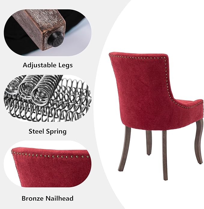 Farmhouse Dining Chairs Set of 4, Upholstered Fabric Dining Room Accent Chairs with Wood Legs & Bronze Nailhead, High Wingback Kitchen Chairs for Living Room Hotel Apartment, Burgundy