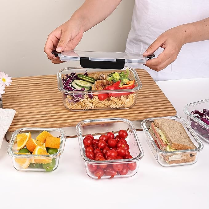 Liuruiyu 8 Pack Glass Food Storage Containers with Lids, Meal Prep Containers, Airtight Bento Boxes with Leak Proof Locking for Microwave, Oven, Freezer and Dishwasher, BPA Free