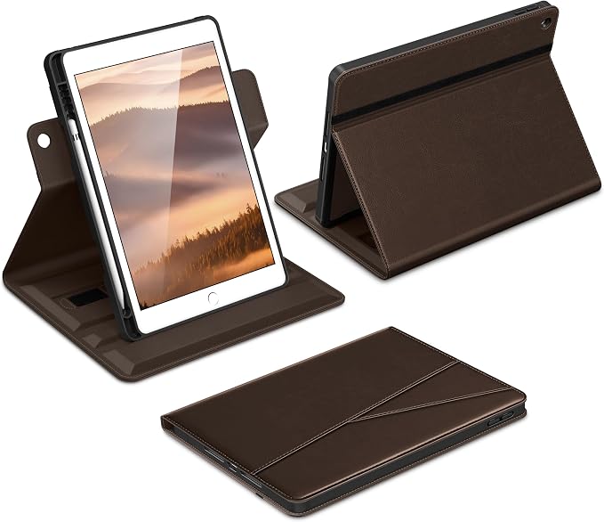 DTTO for iPad 9th/8th/7th Gen Case 10.2 Inch (2021/2020/2019) Brown | 360 Degree Rotating Premium Faux Leather Folio Stand Cover with Pencil Holder Auto Sleep/Wake Multiple Angles Hand Strap