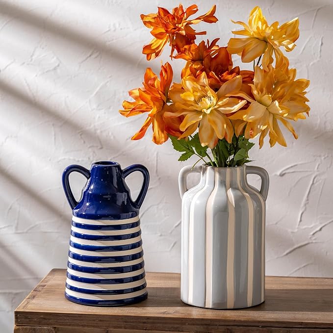 Ceramic Blue and White Checkered Stripes Vase with Handles, Modern Bohemian Floral Navy Blue Vases for Centerpieces, Cottage Core Home Decor, Flower Vases for Bouquet Tabletop Kitchen Bookshelf 8.9 In