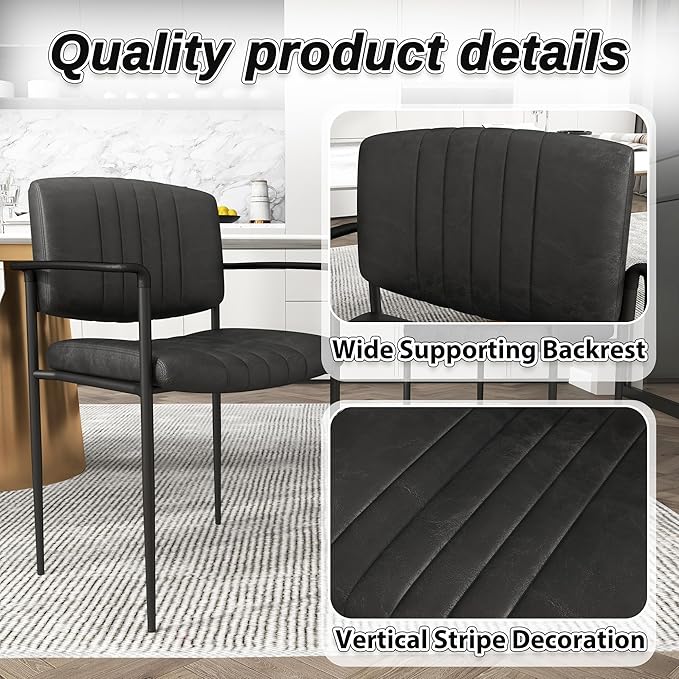 Mid-Century Modern PU Leather Dining Chairs Set of 4, Upholstered Kitchen Chairs with Arms and Metal Legs Adjustable Feet for Kitchen Dining Room(Black)