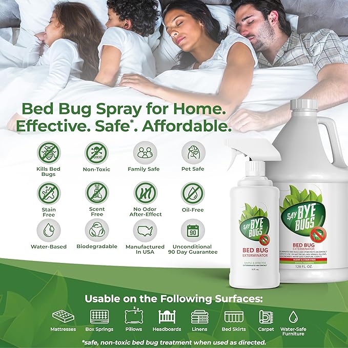Bed Bug Spray for Getting Rid of Bed Bugs Permanently. Say Bye Bugs - a Non-Toxic, Kills on Contact Treatment That Doesn't Stain & is Odor Free. Simply Shake & Spray. (3X 16oz).