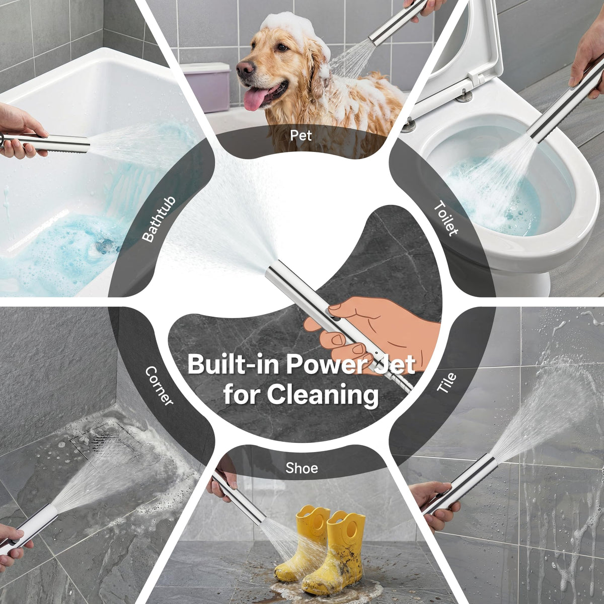 Veken All Metal 10" Shower Head with Handheld, Luxurious Square Double Rain Shower Heads with Spray Combo, Dual High Pressure Detachable Rainfall Showerhead with Extension Arm, Long Hose,Chrome,Sliver