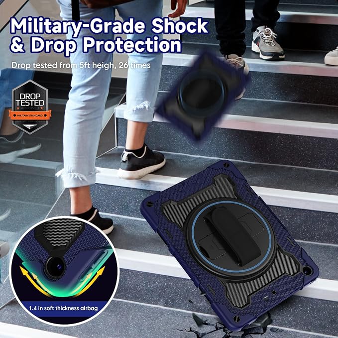for iPad 9th 8th 7th Gen Case 10.2 inch with Screen Protector | 360° Rotating Kickstand Hand Strap Shoulder Strap Heavy Duty Military Grade - Kids Friendly