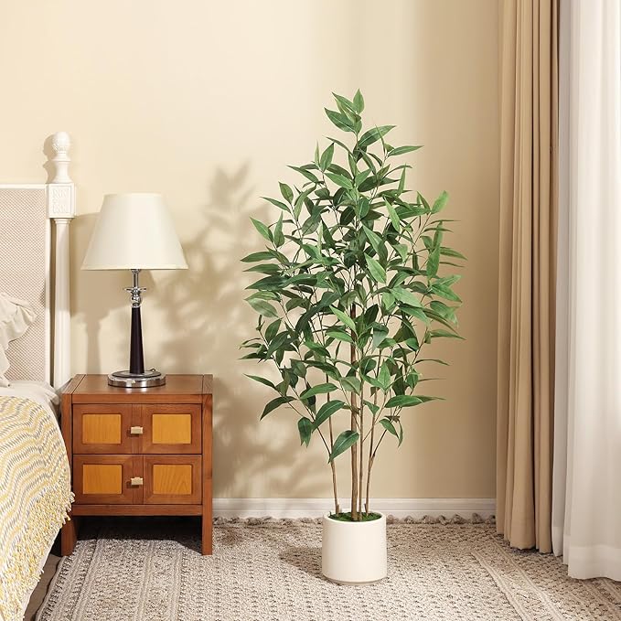 Artificial Eucalyptus Tree，4FT UV Resistant Fake Outdoor Plants,Artificial Plants Indoor with White Planter,Silk Leaves,Faux Tree for Home Decor Floor Porch Liveing Room