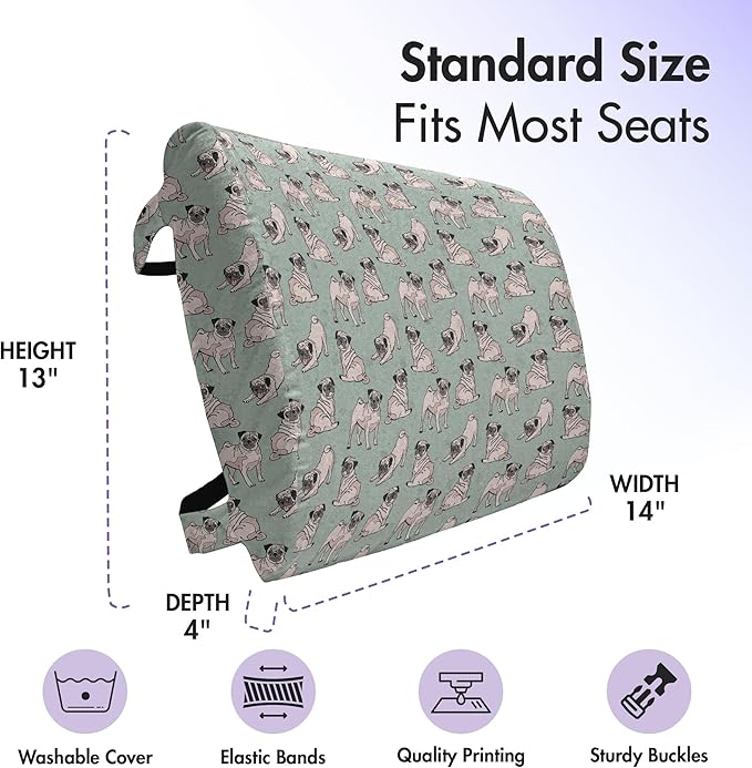 Ambesonne Pug Lumbar Back Support Pillow, Dogs Various States Sitting Standing Stretching Cartoon Style Pet Drawing, High Density Foam for Office Chairs Car Seats, 14" x 13", Turquoise