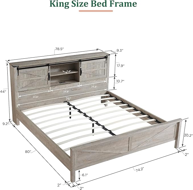 RedLemon Farmhouse King Size Bed Frame with Bookcase Headboard & Sliding Barn Door, Storage Shelves, Charging Station, Wood Slats Support, No Box Spring Needed, Light Rustic Oak