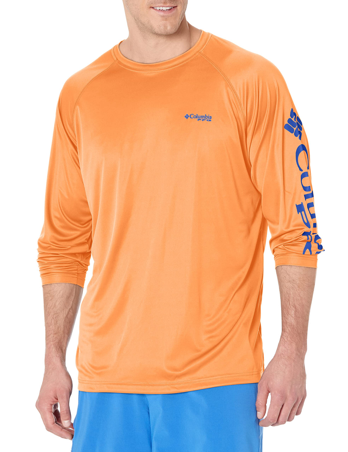 Columbia Men's PFG Terminal Tackle Long Sleeve Fishing Shirt, Bright Nectar/Vivid Blue Logo, X-Small