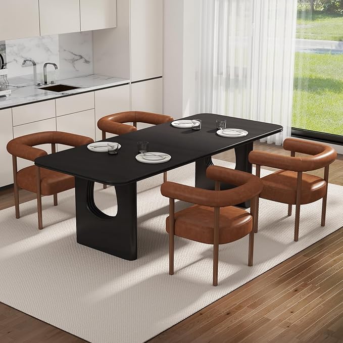 Mid-Century Modern Dining Chairs Set of 4, Armrest Barrel Dining Chairs Side Accent Chairs with Curved Back, Upholstered Wood Armchairs for Kitchen, PU Leather Brown