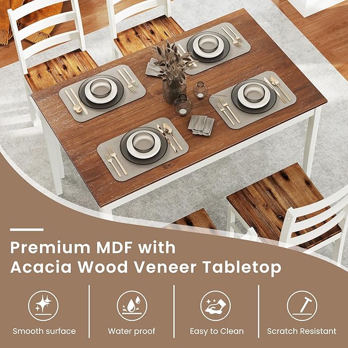 POWERSTONE Dining Table Set for 4, Kitchen Table Chairs Set of 4 with Rubber Wood Legs, Farmhouse 5 Piece Dining Table Set Solid Wood for Kitchen Dining Room Dinner (Brown)