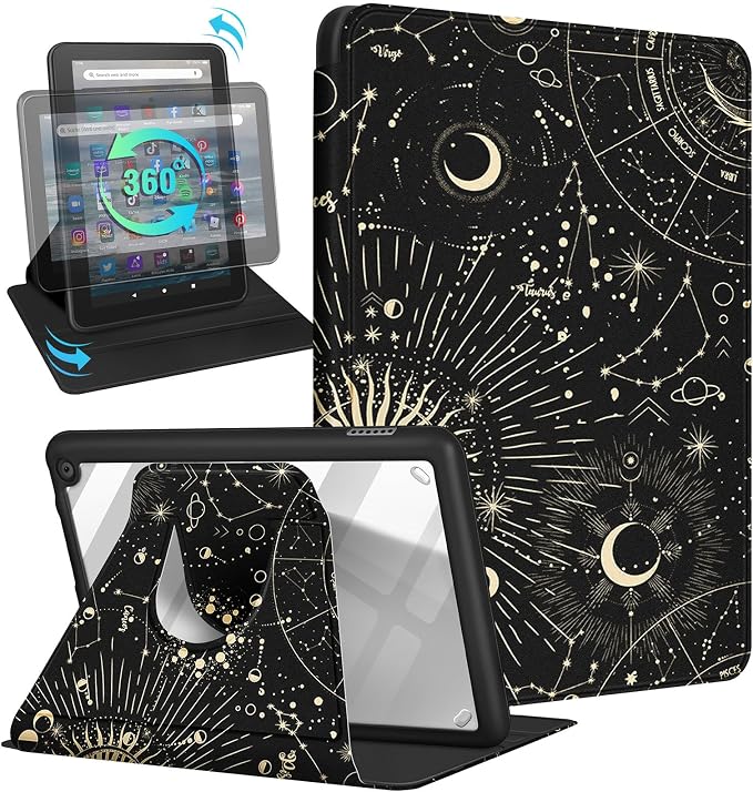 Kidcube for Amazon Kindle Fire 7 Tablet Case 12th Generation 2022 Release for Women Girls Boys Cute Folio Cover Sun Moon Star Design Rotating Stand with Auto Wake/Sleep Teen for Kindle Fire 7 Cases 7