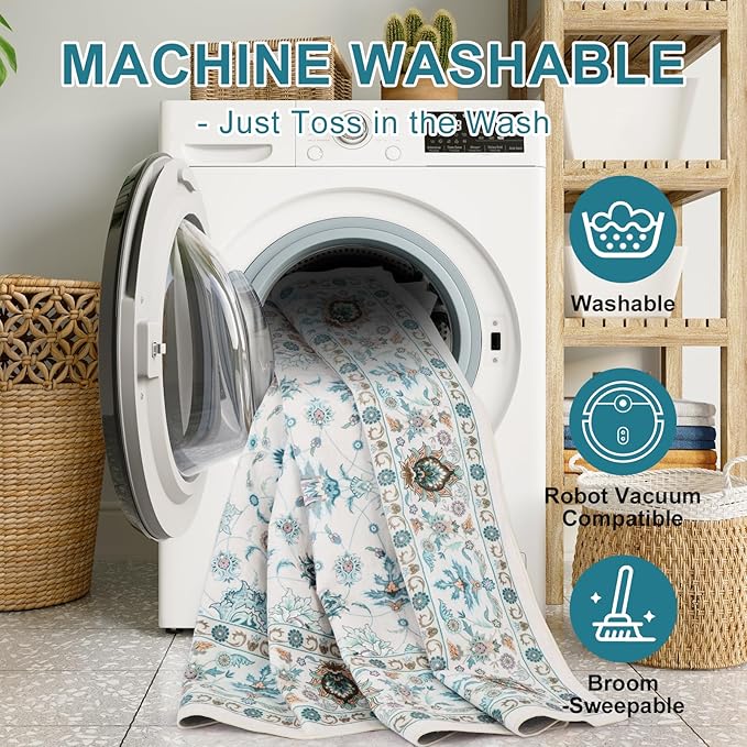 WILLSUN Washable Area Rugs, 9x12 Non-Slip Boho Large Area Rugs for Living Room, Bedroom, Machine Washable Vintage Rug, Indoor Floral Print Carpet for Home Decor, Kid & Pet Friendly Mat