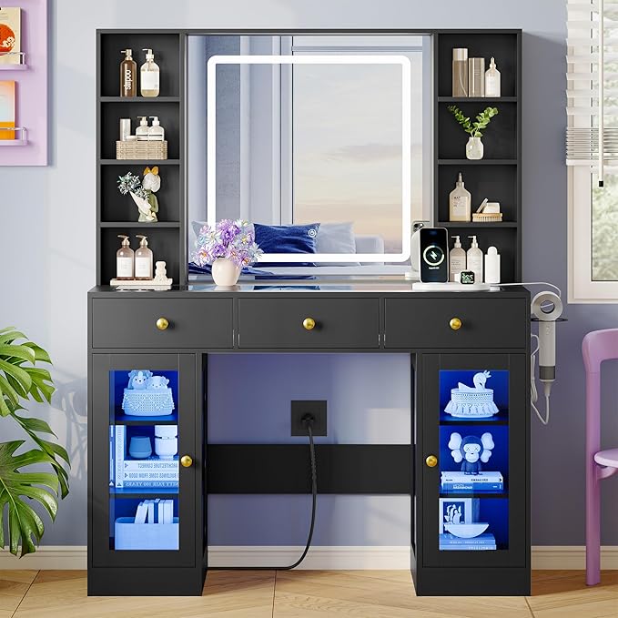 Makeup Vanity Desk with HD Lighted Mirror & Power Outlet, Glass Top Vanity Table Set with Storage Drawers & RGB Cabinets, Large Dressing Table with 3 Lighting Modes for Bedroom Women Girls Kids, Black