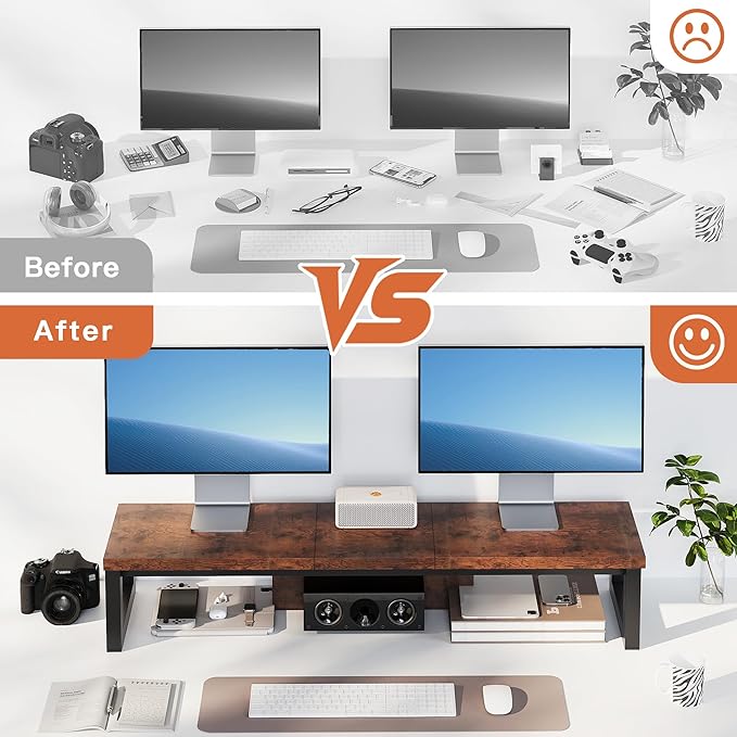 Dual Monitor Stand Riser, Wood and Steel Monitor Riser, Long Computer Monitor Stands for 2 Monitors, Desk Shelf for Computer, Laptop, Printer, TV, Brown