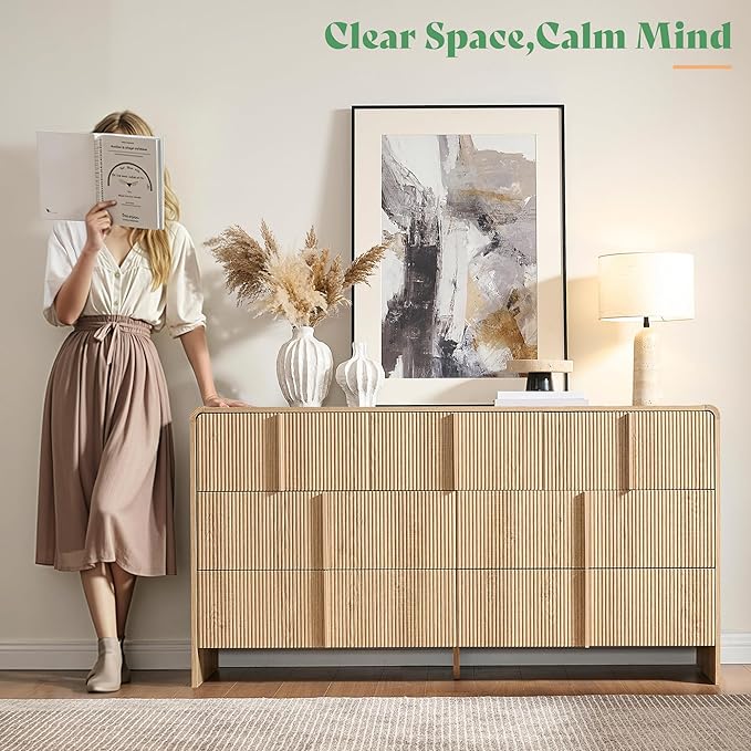 AMERLIFE 63" Fluted 7 Drawer Dresser, Long Modern Chest of Storage Drawers with Pine Handles, Rounded Corners & Anti-Tip Design, Wood Closet Organizer for Bedroom, Living Room, Nursery, Natural Oak