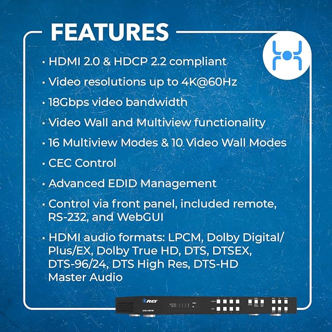 OREI 4K 4x4 HDMI Matrix Video Wall Controller Processor Multiviewer Display Upto 4K 60hz 2x1, 1x2, 1x3, 1x4 Supports 180 Degree Rotate RS-232 Audio Extraction (UHD-44MVW)