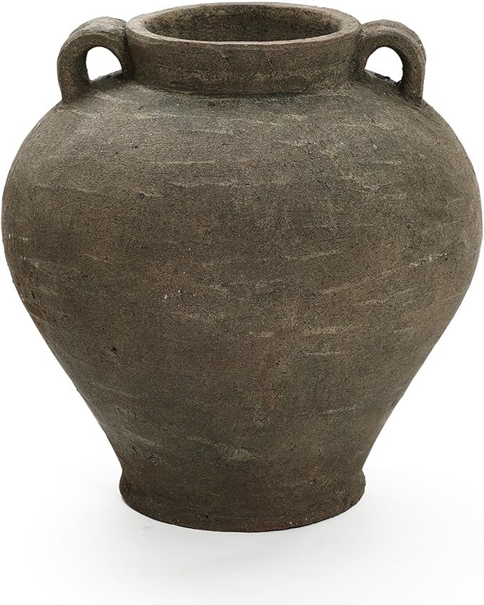 LuxenHome Rustic Large Flower Vase,14'' Tall Brown Terracotta Cauldron Vase,Farmhouse Decorative Vases for Dining Table Decor,Vintage Pottery Ceraimc Vase Living Room Office Home Decor