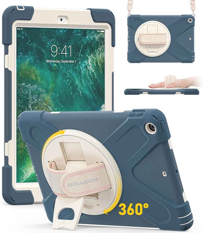 BRAECN Case for iPad 6th/5th Generation - 9.7 inch 2018/2017 Black | Protective Heavy Duty Shockproof Rugged Cover for Kids/Adults 360° Rotating Hand Strap/Stand &amp Detachable Shoulder Strap