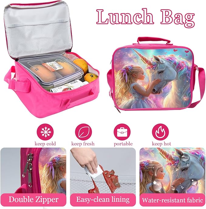 Unicorn Girl Backpack Set 3 Piece School Bags and Lunch Box with Pencil Case Unicorn Bookbag Set for Toddler Kids Girls Boys Teens Kindergarten Elementary Middle
