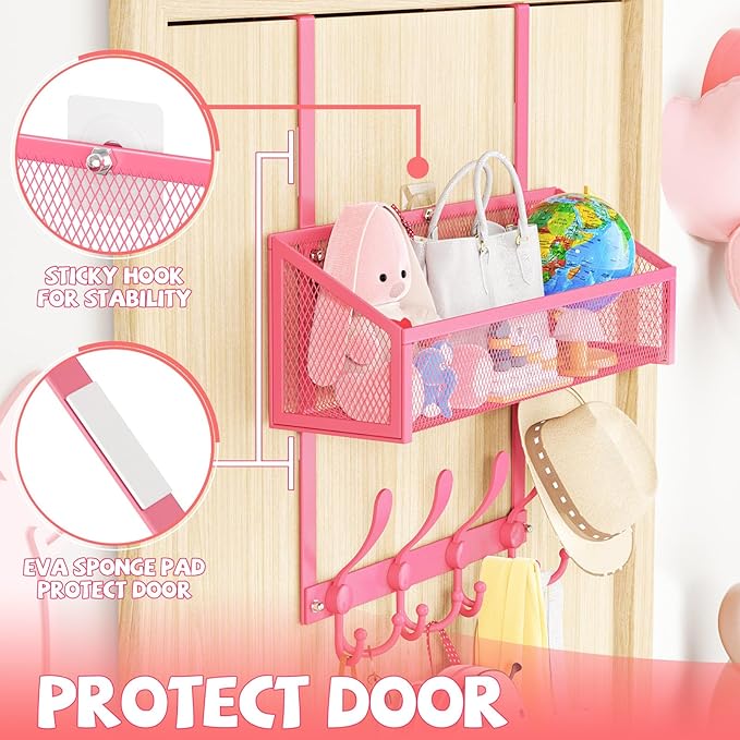 Kaiferty Over The Door Hooks Organizer, Coat Rack Over The Door Storage Hanger Towel Rack, Back of Door Storage Organizer for Bathroom,Bedroom,Kitchen,Office (Pink, 2-Tier)