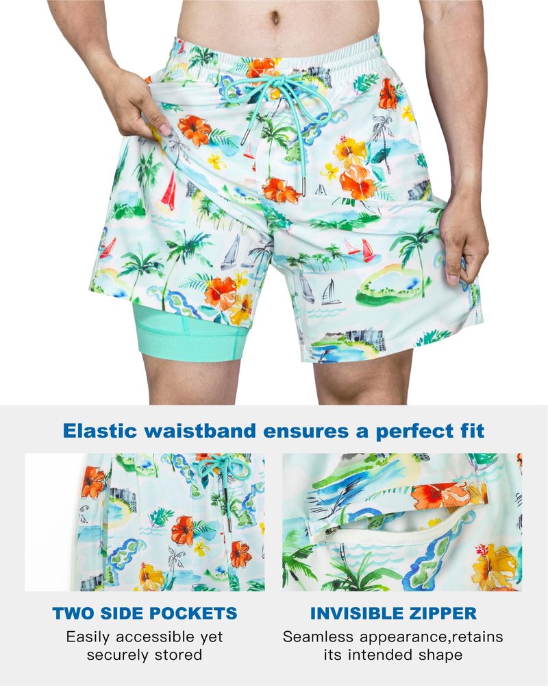 SURF CUZ Mens Swim Trunks with Compression Liner Quick Dry Swim Shorts 7" Swimming Trunks Stretch Bathing Suit Zipper Pockets,Tropical Breezers,XS