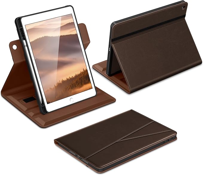 DTTO for iPad 9th/8th/7th Gen Case 10.2 Inch (2021/2020/2019) Brown | 360 Degree Rotating Premium Faux Leather Folio Stand Cover with Pencil Holder Auto Sleep/Wake Multiple Angles Hand Strap