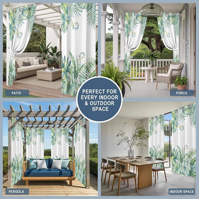 Leaves Outdoor Curtains for Patio Green Leaf Tropical Plants Farmhouse Pastoral