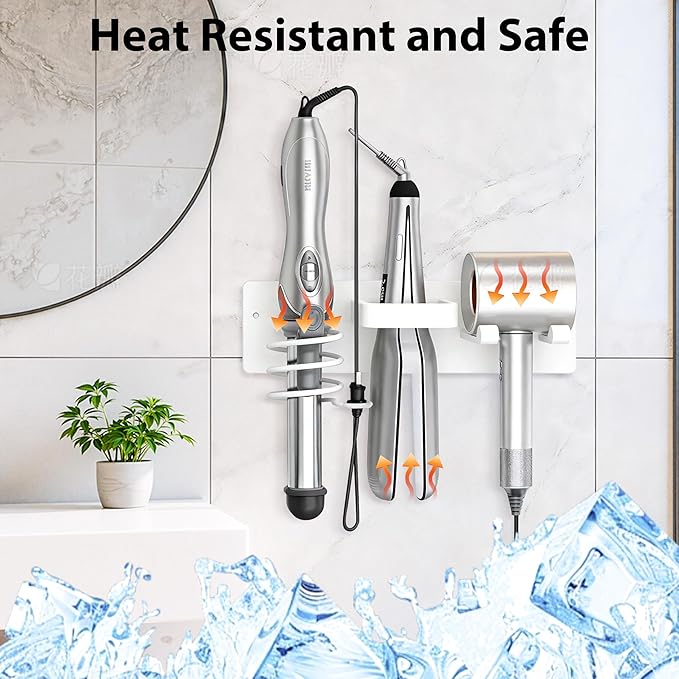 Dovyn Blow Dryer Holder Wall Mount, 3 in 1 Bathroom Hair Tool Organizer with Curling Iron Holder & Flat Iron Holder, Universal Hair Dryer Holder Rack Storage White