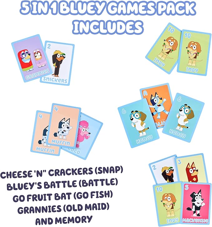 Bluey 5-in-1 Card Game Set, Jumbo-Sized 53-Deck Toddler Game, Multi-Color Interactive Play Card Games for Kids of Ages 3+
