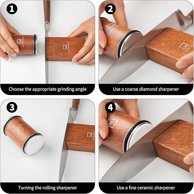 LUXWORLD Rolling Knife Sharpener | Kitchen Knife Sharpener for Razor Sharp Edges | Diamond & Ceramic Knife Sharpening Kit for Smooth & Precise Cutting | Magnetic Holder with 15° & 20° Guides