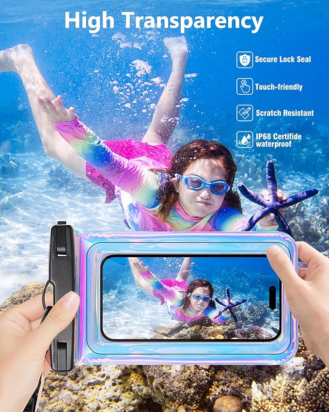Waterproof Phone Pouch Floating, IPX68 Waterproof Phone Case with Lanyard for iPhone 16 15 14 13 12 Pro Max Samsung S25 S24 S23 S22, Up to 7 Inch, Beach Vacation Essentials, Dazzling Purple