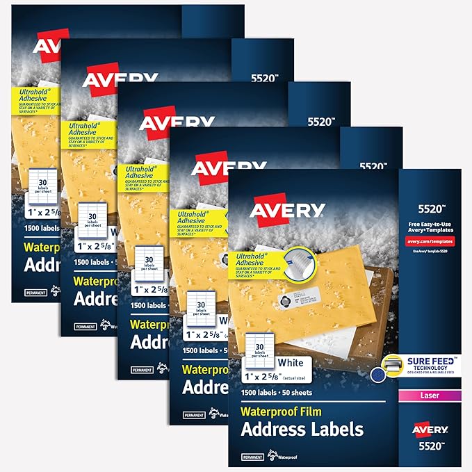 Avery Durable Waterproof Address Labels with Sure Feed Technology, 1" x 2-5/8", White, Laser & Pigment-Inkjet Compatible, 1,500 Blank Labels per Pack (5-Pack of 5520)