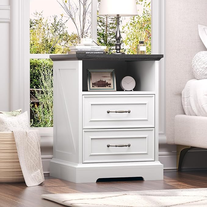 Nightstand with Charging Station,18" Wide End Table with 2 Large Drawers & Metal Handles,Rustic Farmhouse Wood Small Dresser,Bedside Table,Modern Chest of Drawers for Bedroom,Living Room,Off White