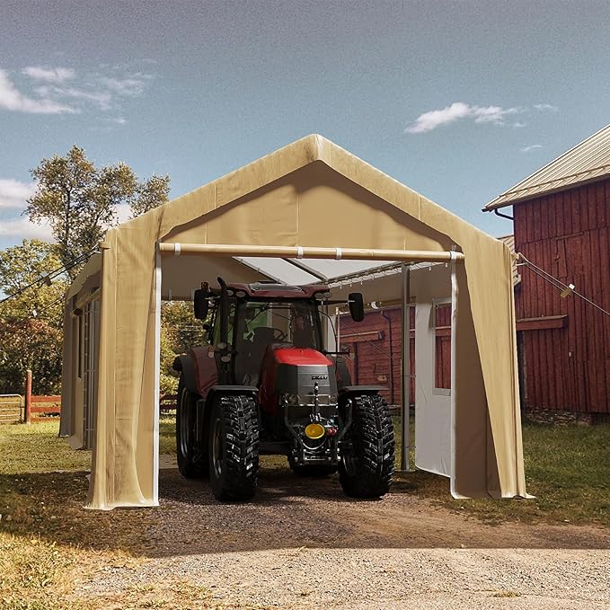 12x20ft Heavy Duty Carport Outdoor Canopy Portable Garage with 4 Doors & 4 Windows Waterproof UV Resistant Storage Shelter with Removable Sidewalls for Car Truck Boat, Earthy Yellow