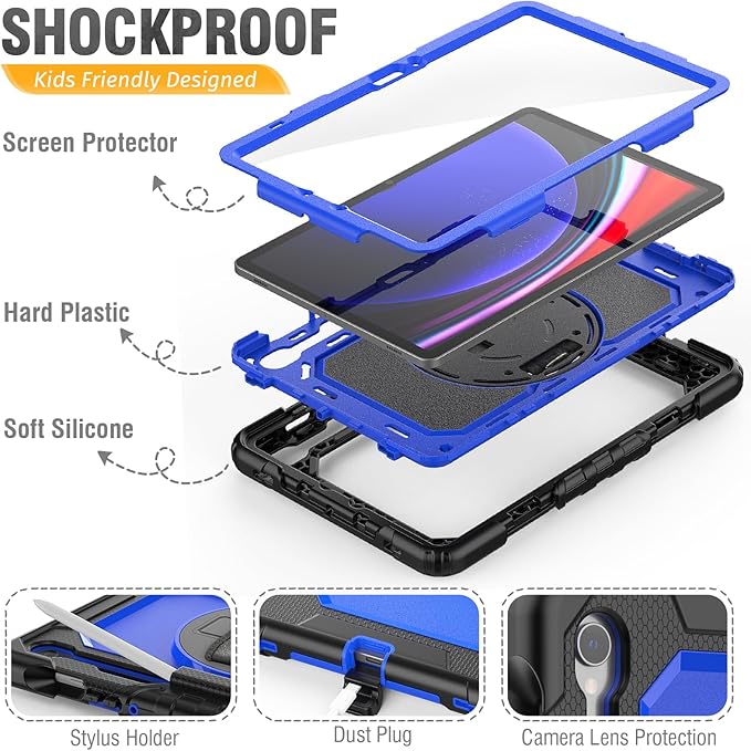 HXCASEAC Case for Galaxy Tab S10 FE / S9 FE 5G 10.9 inch, Shockproof Design with Screen Protector, 360° Hand Strap Stand, S Pen Holder, Heavy Duty Protective Samsung S9 FE / S10 FE Tablet Case, Blue