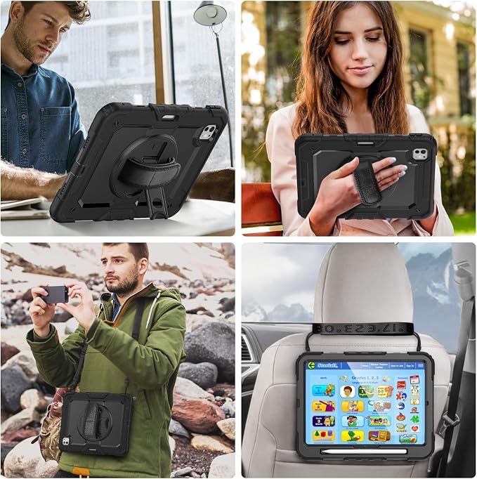 iPad Pro 11 Inch Case 2024 with Screen Protector Pen Holder | iPad Pro 11 5th Generation Case | Three Layer Shockproof Defender Protective Cover W/Stand Hand Strap for iPad A2836/A2837 | Black