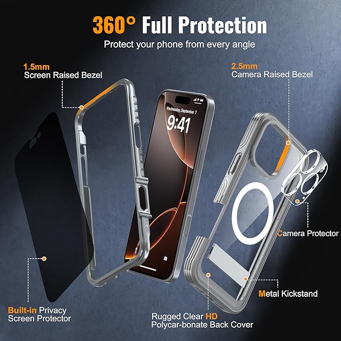 360° Protection Magnetic for iPhone 16 Pro Case Built-in 9H Privacy Screen Protector & Metal Stand[Fit for Magsafe][Anti-Spy][Lens Protector] Heavy Duty Shockproof Phone Case for iPhone 16 Pro