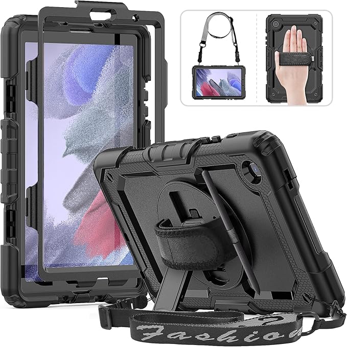 HXCASEAC Case for Samsung Galaxy Tab A7 Lite, Protective with Screen Protector/Hand Strap/Pen Holder, Sturdy A7 Lite Tablet Case, SM-T220 SM-T225 SM-T227, Black