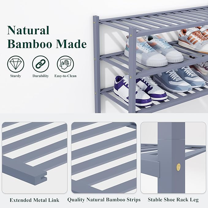 Smiry Shoe Rack, 5 Tier Thick Bamboo Shoe Organizer, Stackable Free Standing Wooden Shoe Storage Shelf for Closet, Entryway, Front Door Entrance, Grey