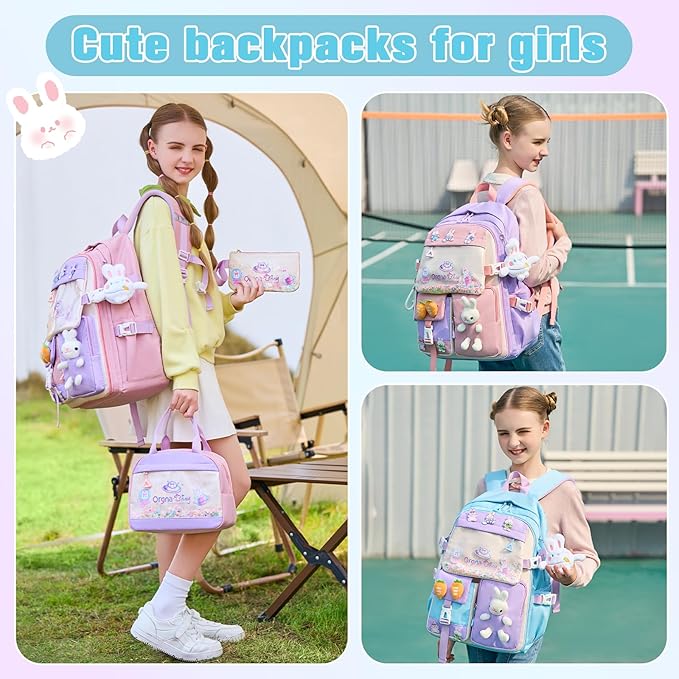 Backpack for Girls Cute Bookbag Set with Lunch Box Pencil Case Kawaii Bunny School Backpacks for Girl 3 Pcs Kindergarten Elementary Preschool Middle Sequin School Bag for Girls