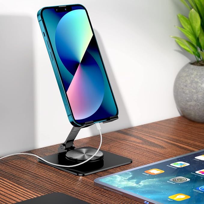360 Rotatable Foldable Phone Stand for DeskFully Adjustable Desktop Phone Holder Cradle Dock Compatible with iPhone 17 16 15 14 13 12 11 Pro MaxTabletsAll Phones(Black)