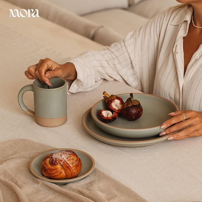 MORA Medium Dishes Set of 4, 30oz Ceramic Pottery Pasta Plate/Wide Bowls - Microwave, Oven and Dishwasher Safe - Thyme