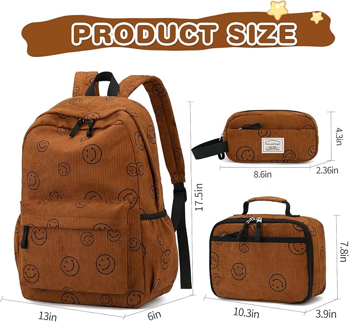 Backpack for Girls Boy Teen Corduroy Bookbags Elementary Middle High School Women Laptop Bag with Lunch Box Pencil Bag (Smile Brown)