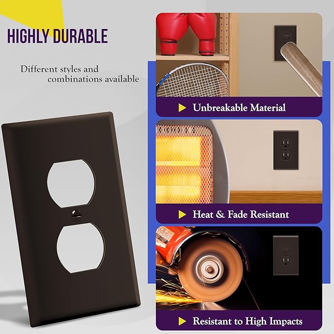 ENERLITES Duplex Receptacle Outlet Wall Plate, Gloss Finish, Midway Size 1-Gang 4.88" x 3.11", Unbreakable Polycarbonate Thermoplastic, UL Listed, 8821M-BR-10PCS, Brown (10 Pack)