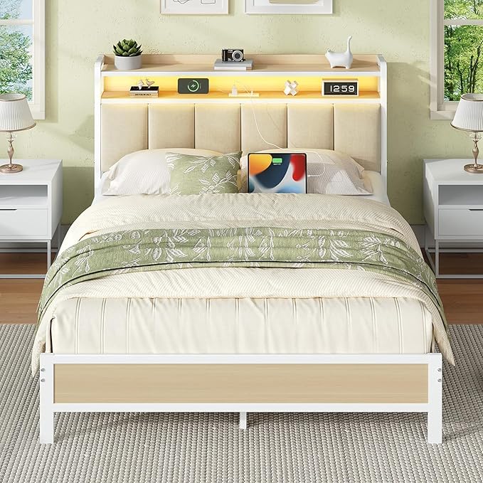 Full Size Bed Frame with Storage Headboard, Metal Platform Bed Frame Full with LED Lights and Charging Station, Heavy Duty Metal Slats, No Box Spring Needed, Easy Assembly, Beige