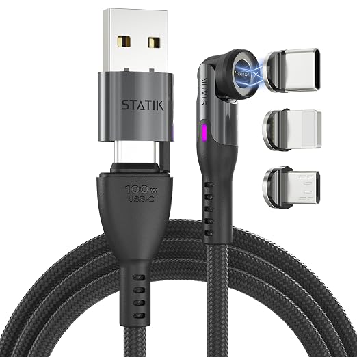 Statik 360 Pro Magnetic Charging Cable - Type C Charger Fast Charging 3 in 1 USB C to USB C Cable Micro USB &amp iProduct Tips USB A Adapter Fits All Devices - 100W Fast Charger Black 10FT/3M