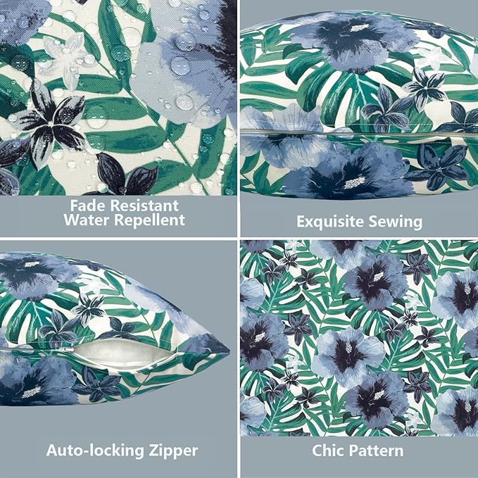 LVTXIII Outdoor Throw Pillow Covers 16 x 16 Inch, Covers ONLY Modern Cute Pattern Decorative Square Toss Pillow Case Pack of 2 for Home Patio Garden Sofa Bed Furniture, Blue Salmone Tropical