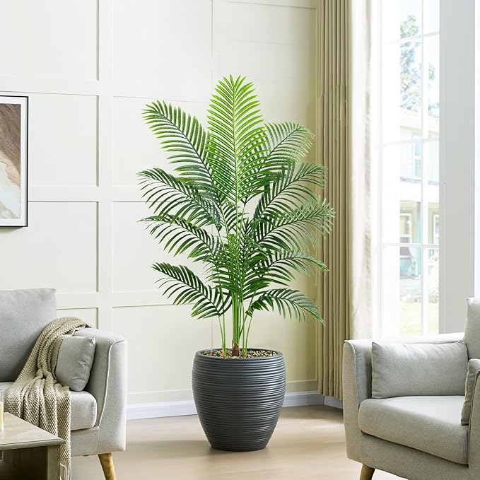 Artificial Palm Tree 5FT Faux Plants Indoor Tropical Fake Palm Tree Areca Floor Plant in White Pot with 13 Trunks & Real Bark Design, Faux Palm Plant for Outdoor Patio Home Room Office Decor