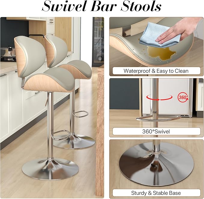 KCC Bar Stools Set of 4, Swivel Adjustable Height Barstools, PU Leather Upholstered Bar Chairs with Footrest, Bentwood Bar Stool for Kitchen, Bar, Dining Room(Grey PU)